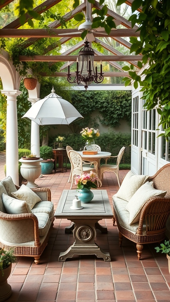 A charming outdoor seating area with wicker chairs, a table, and lush greenery.