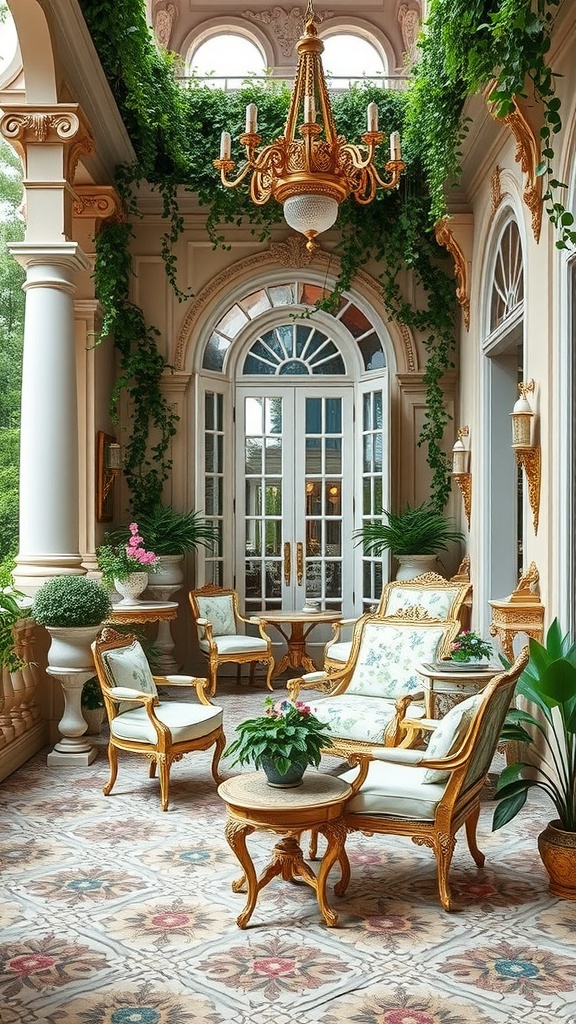 A luxurious outdoor space featuring elegant furniture, lush plants, and a beautiful chandelier.