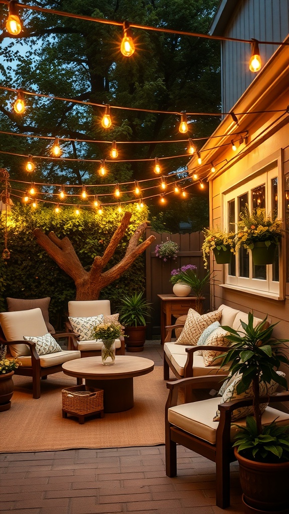 Cozy patio with outdoor string lights illuminating the area, featuring comfortable seating and plants.
