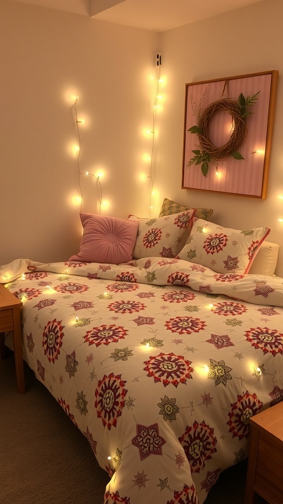 Cozy dorm room bed with floral patterned duvet and decorative pillows.