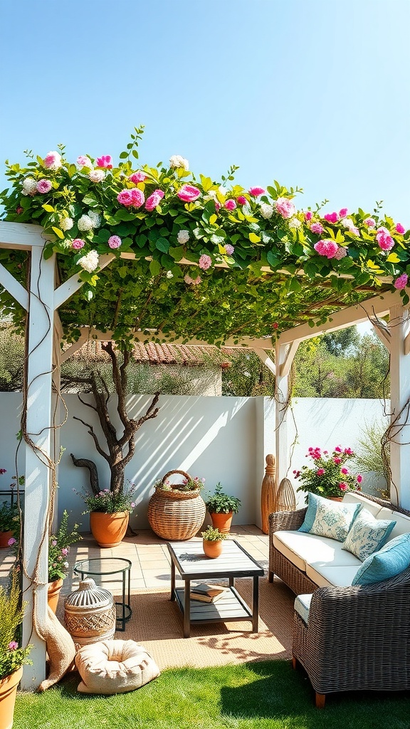 A charming pergola adorned with flowers, featuring a cozy seating area.