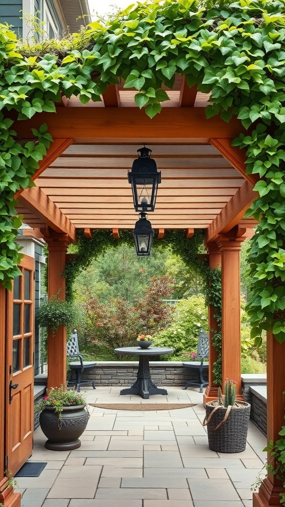 A charming pergola with lush greenery, featuring a round table and chairs underneath.