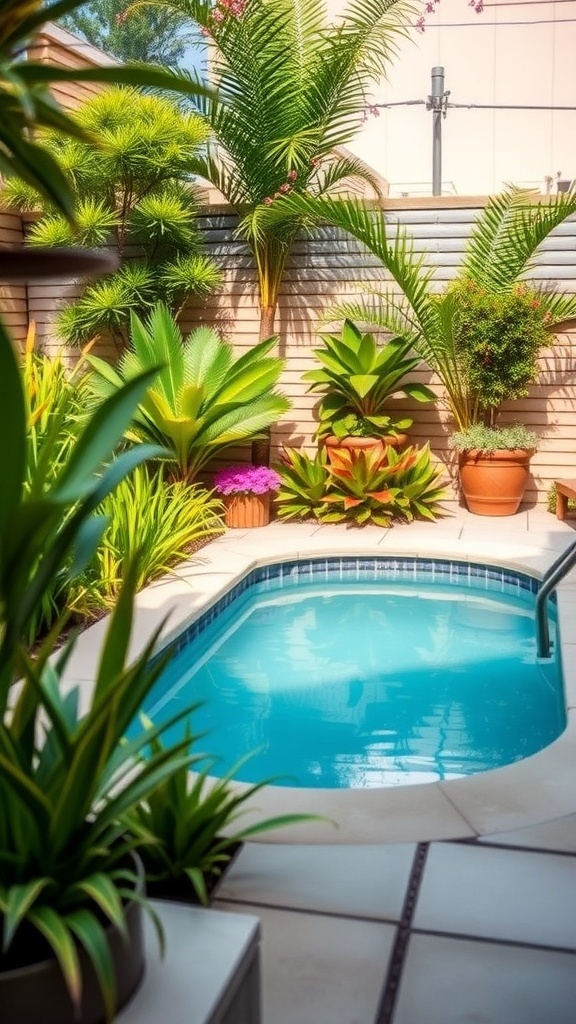 A small plunge pool surrounded by lush green plants and flowers in a cozy backyard setting.