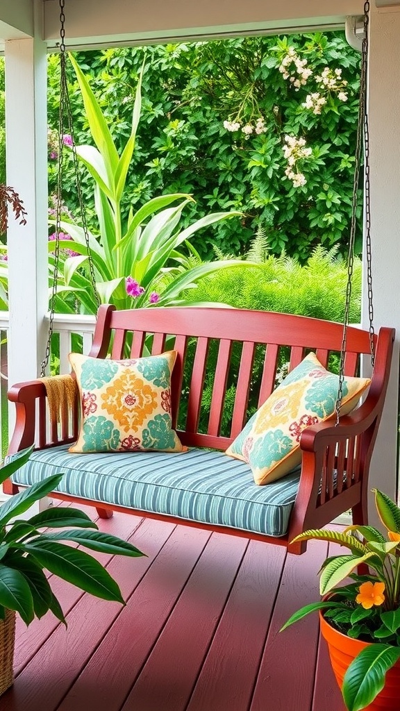 A charming red porch swing with colorful cushions, surrounded by lush green plants.