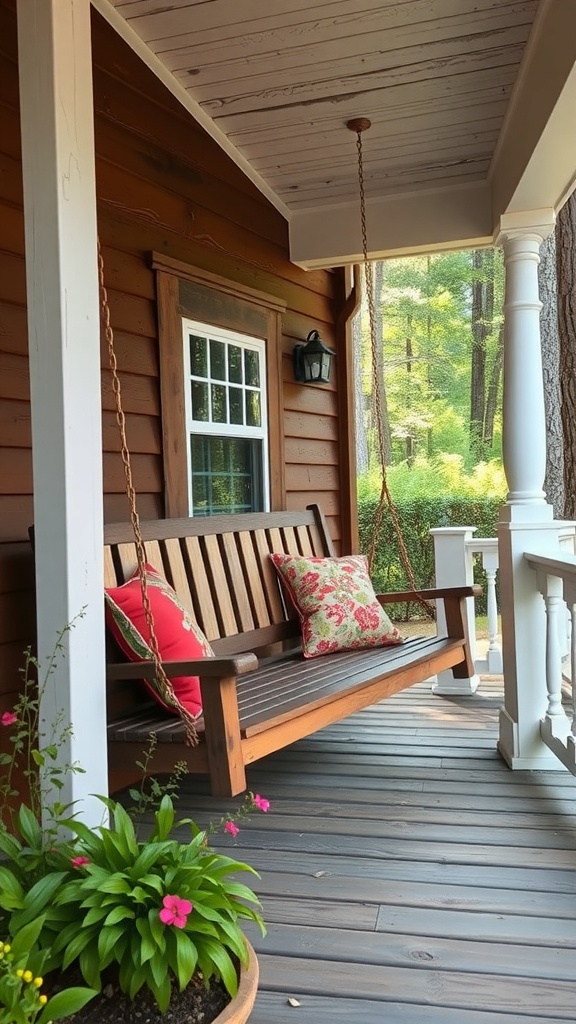A wooden porch swing with floral pillows on a charming porch surrounded by greenery.