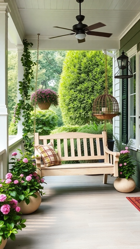 A charming porch swing on a Southern home porch, surrounded by flowers and greenery.