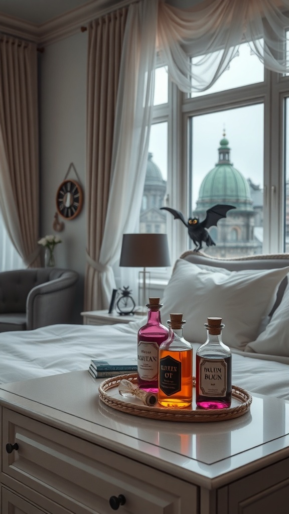 Charming potion bottles on a bedside table with a bat decoration in a cozy bedroom.