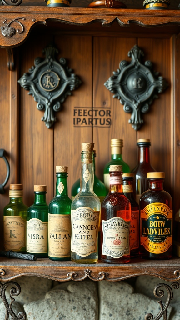 A collection of colorful potion bottles displayed on a wooden shelf, adding a magical touch to the decor.