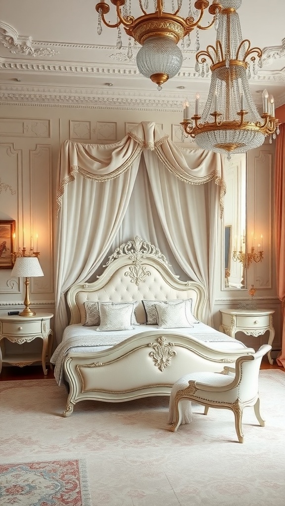 A charming Rococo bedroom featuring a luxurious bed, elegant chandelier, and ornate decor.