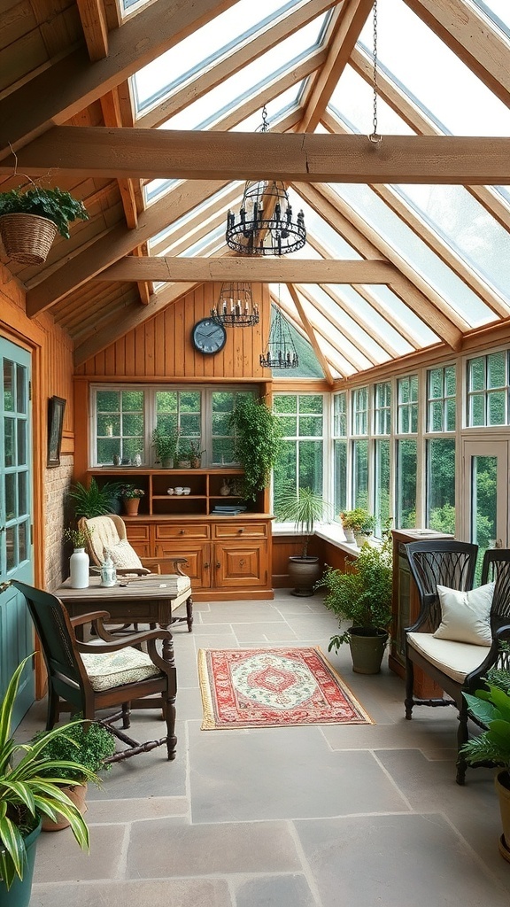 A rustic conservatory with wooden beams, glass roof, and cozy seating.