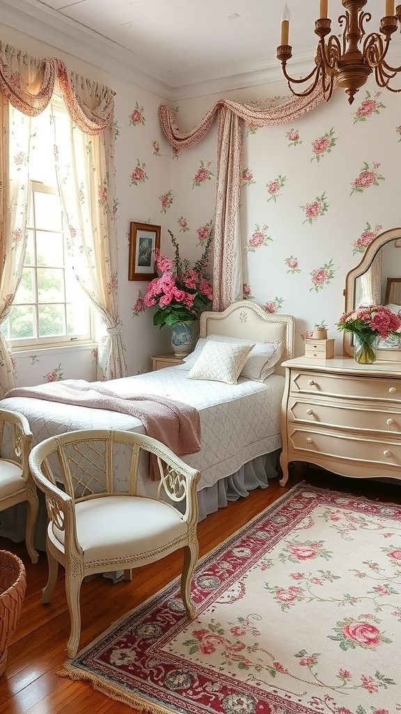 A cozy shabby chic bedroom with floral wallpaper, vintage furniture, and fresh flowers.