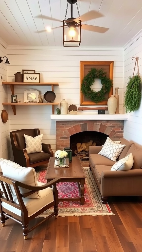 Cozy living room with shiplap walls and rustic decor