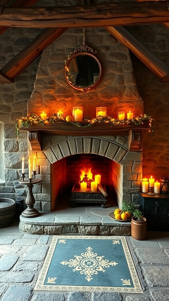 A charming stone fireplace with candles and a mirror, creating a cozy atmosphere.