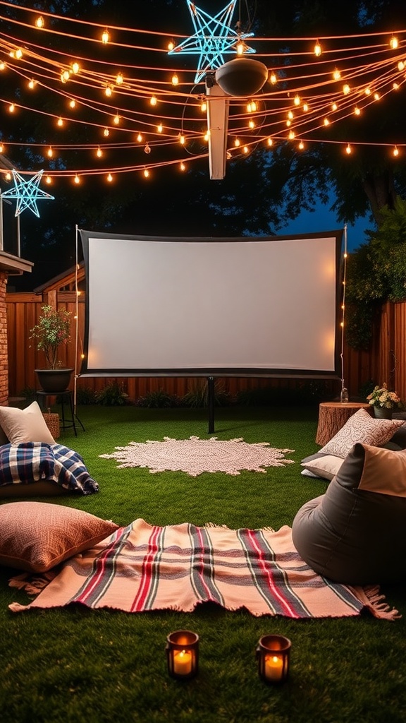 Outdoor cinema setup with string lights, a large screen, cushions, and candles
