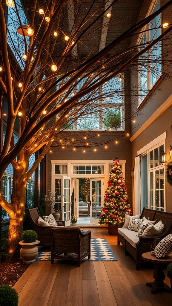 A cozy outdoor space with string lights illuminating a tree, a festive Christmas tree, and comfortable seating.