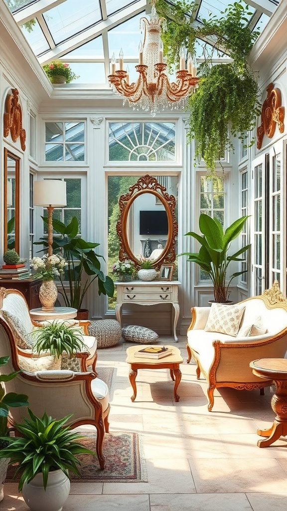A bright sunroom featuring vintage furniture, plants, and a chandelier.