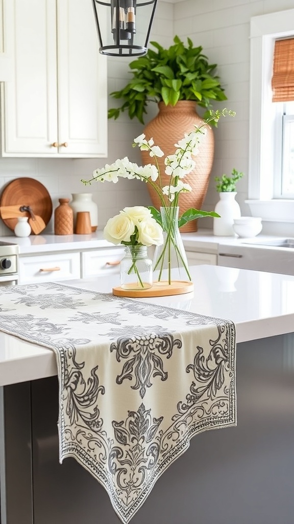 A stylish kitchen countertop with a decorative table runner, fresh flowers, and modern decor.