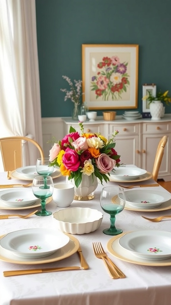 A dining table set with floral plates, green glassware, and a colorful flower arrangement.