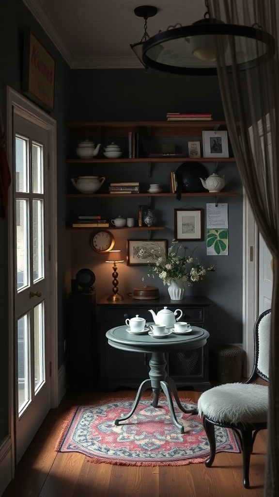 A cozy tea corner with a small round table, teapot, and decorative shelves.