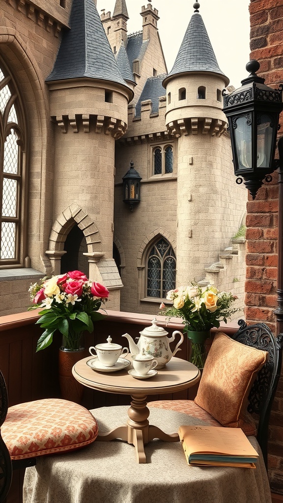 A cozy tea corner with a small table, teapot, and flowers, set against a castle backdrop.