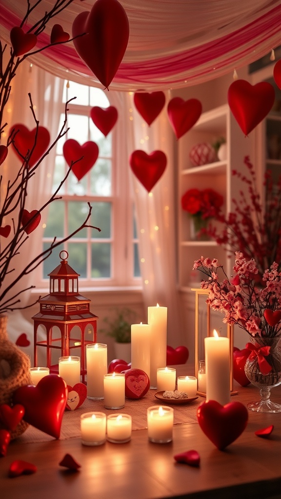 A cozy Valentine's Day decor setup with heart-shaped decorations and candles.