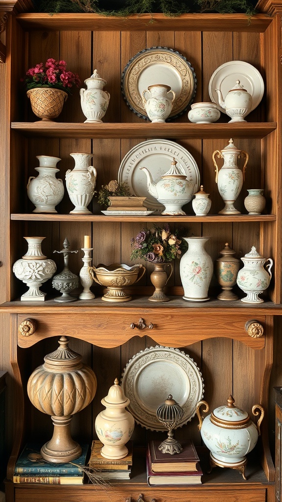 A wooden shelf filled with vintage porcelain vases, decorative plates, and charming accessories.