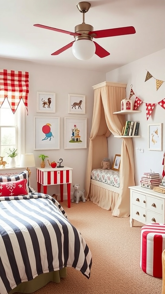 A charming kids bedroom with vintage circus theme, featuring striped bedding, red and white decor, and playful animal artwork.