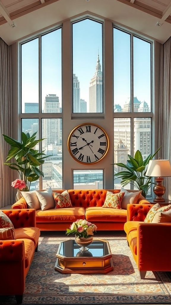 A stylish living room featuring a large vintage clock on the wall, orange sofas, and a view of skyscrapers through large windows.