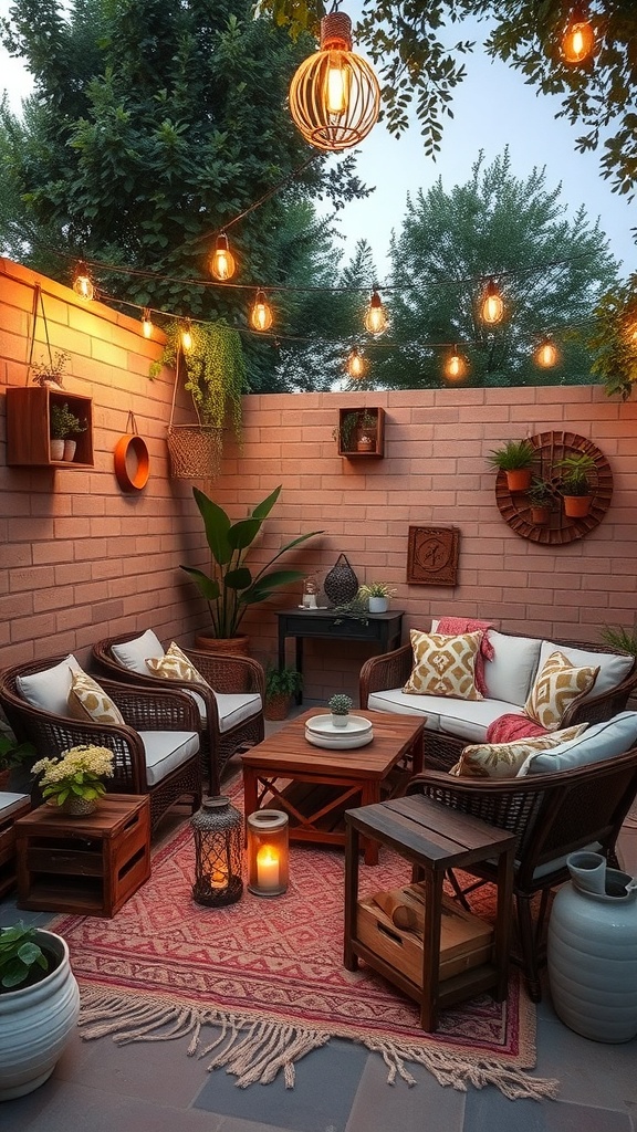 Cozy patio with vintage decor, including wicker furniture, cushions, lanterns, and string lights.