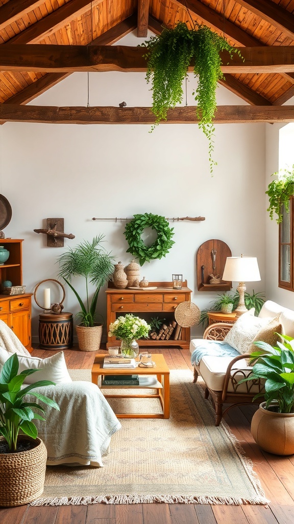 Cozy rustic living room with wooden beams, plants, and vintage decor