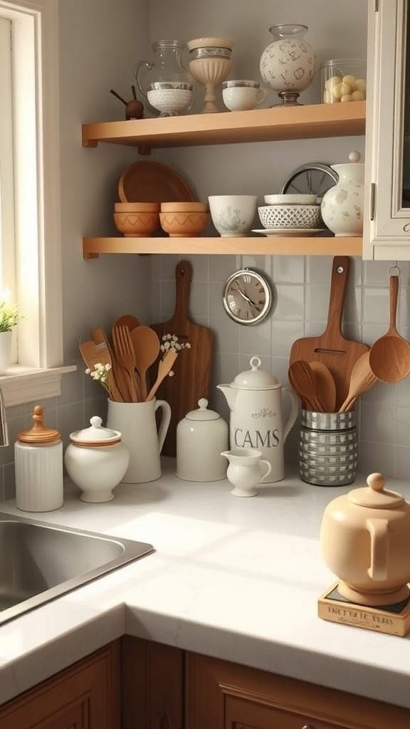 A cozy kitchen countertop with vintage kitchenware, including bowls, mugs, utensils, and a clock.
