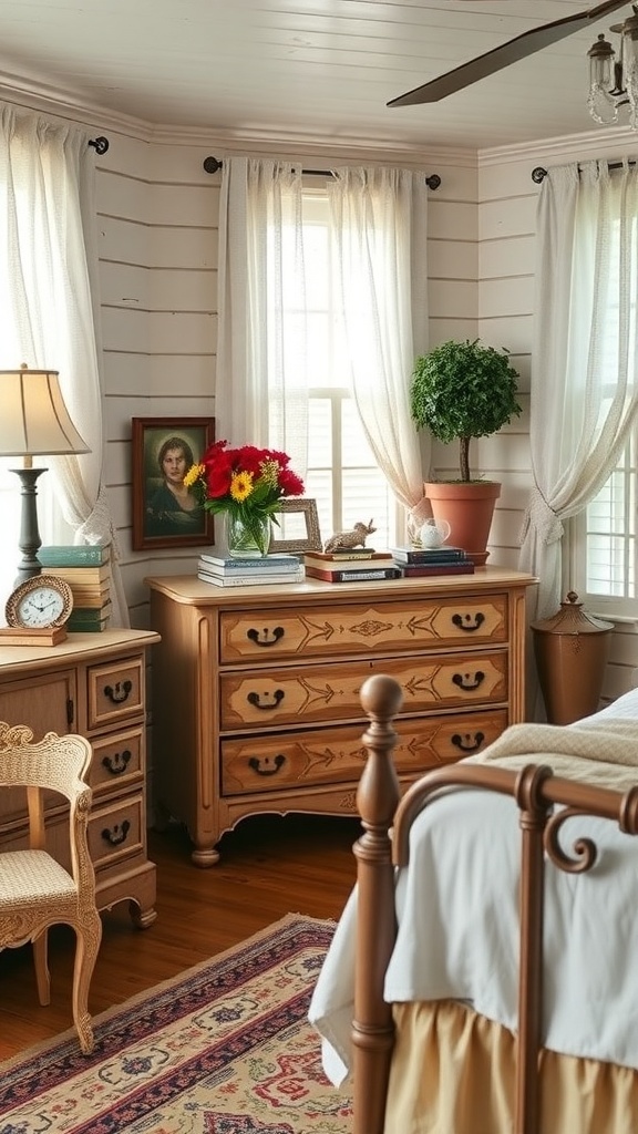 A cozy Southern-style bedroom featuring vintage furniture, a wooden dresser, a chair, and floral decor.