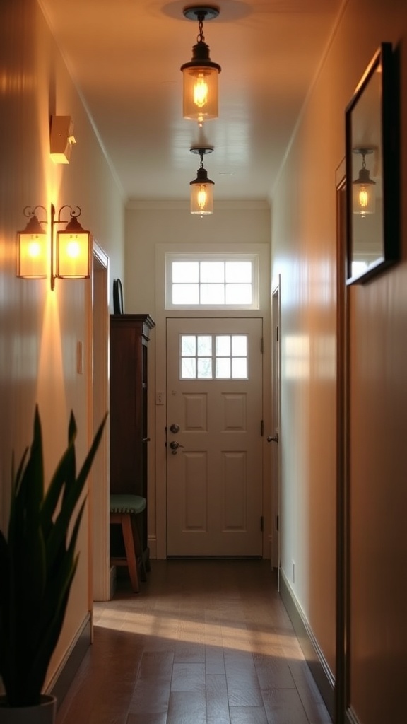 A hallway featuring vintage lighting fixtures, warm light, and a welcoming entrance.