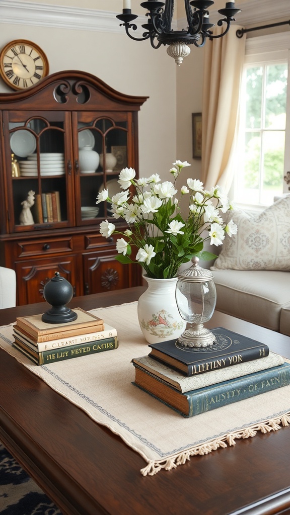 A vintage coffee table arrangement featuring antique books, a vase of white flowers, and a decorative candle holder.