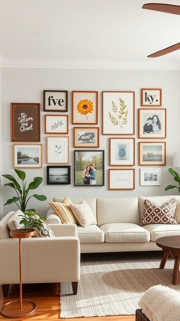 A cozy living room with a gallery wall of framed art and photographs, featuring a mix of styles and colors.