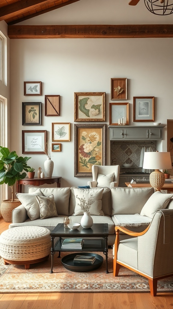 A cozy living room featuring a gallery wall of framed art, showcasing a mix of botanical prints and textured fabric art.