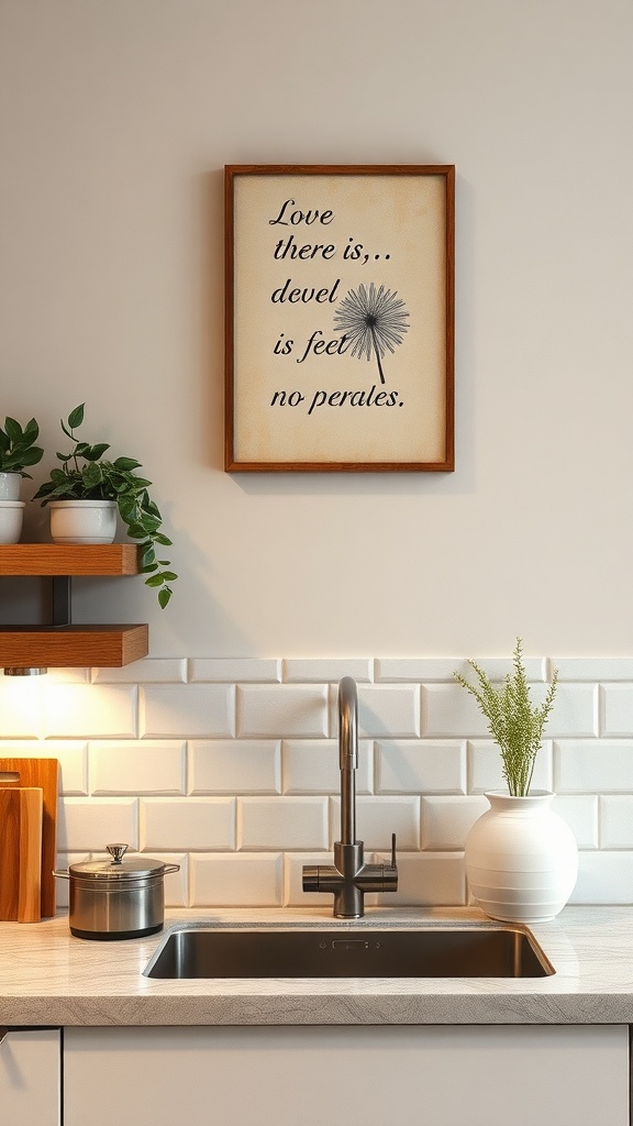 A charming framed wall art with a quote, surrounded by potted plants and kitchen decor.