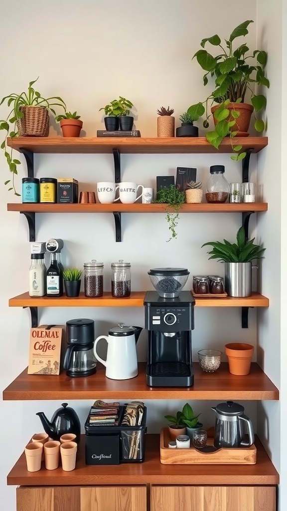 Charming wall shelves displaying coffee supplies and plants in a cozy coffee bar setup.