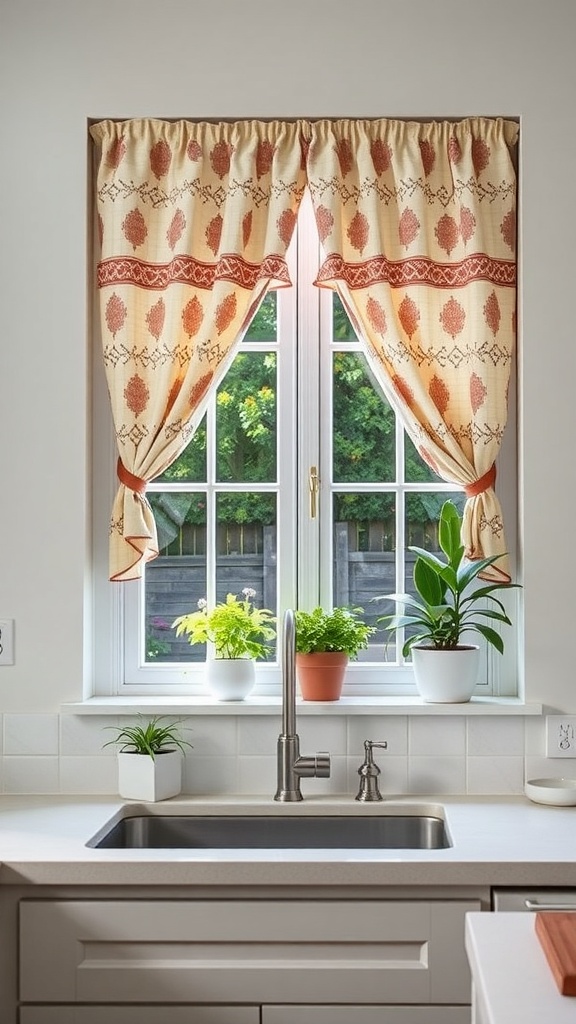 Cozy kitchen window with patterned curtains and potted plants.