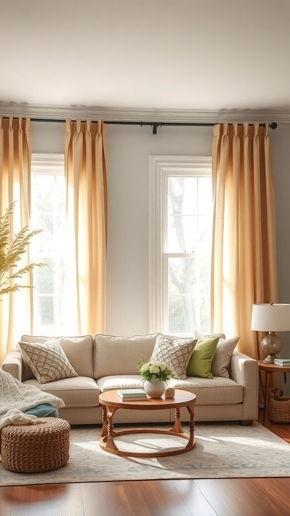 Cozy living room with warm curtains and a comfortable sofa.