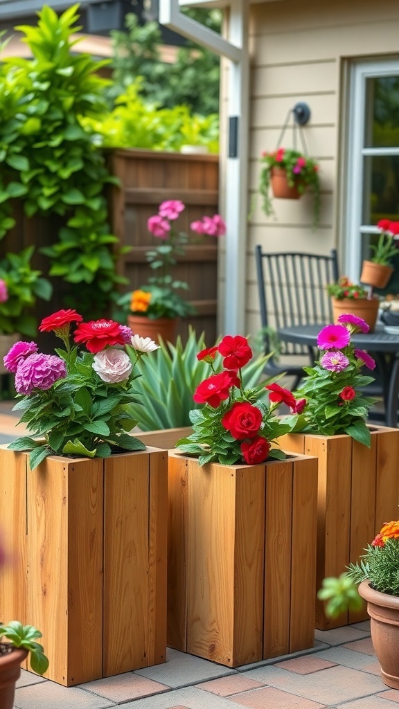 Wooden planters with colorful flowers in a garden setting