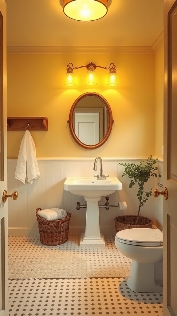 A cozy bathroom featuring yellow light fixtures, a round mirror, and a vintage sink.