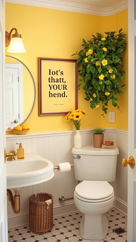 A bright yellow bathroom featuring wall art with a playful phrase, plants, and flowers, creating a cheerful atmosphere.