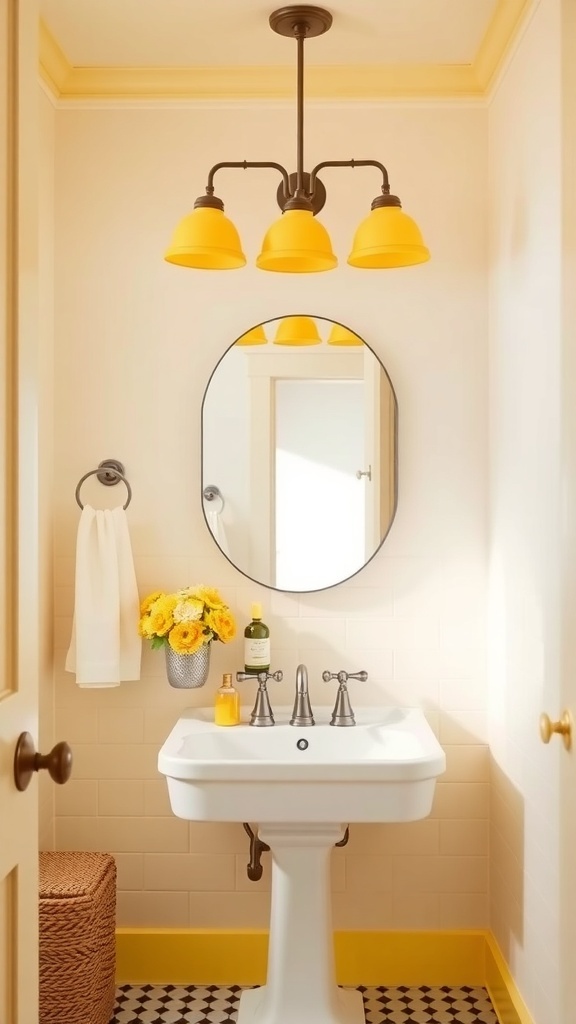A bright bathroom featuring yellow lighting fixtures, a round mirror, and a pedestal sink.