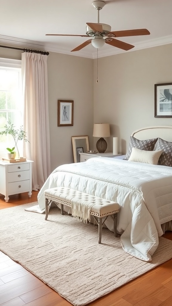 A cozy bedroom featuring a soft accent rug, light bedding, and warm wooden flooring.