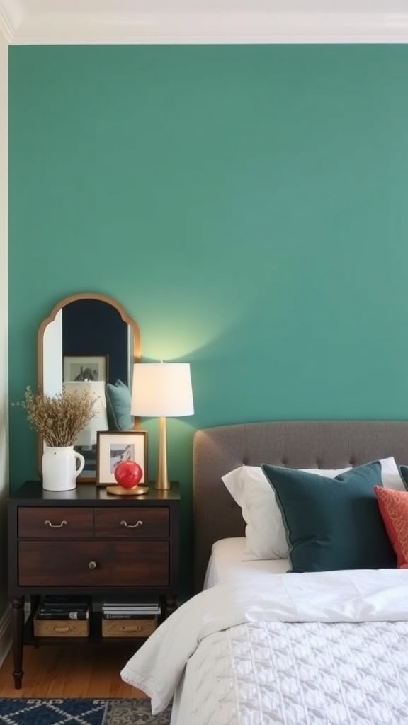 Cozy bedroom with a teal accent wall, wooden nightstand, and soft bedding.