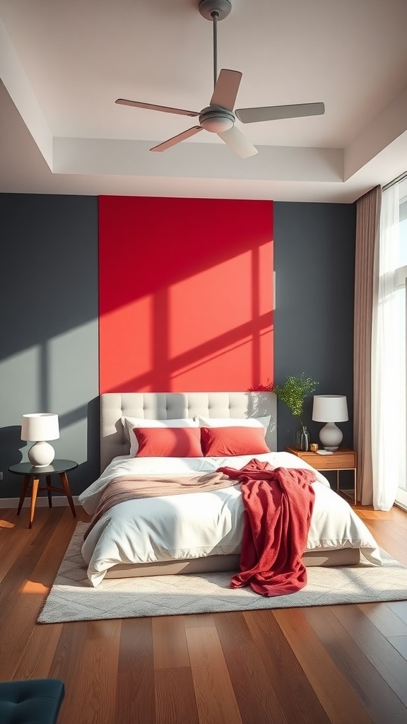 A stylish bedroom featuring a bold red accent wall against a gray backdrop, with modern furniture and soft bedding.