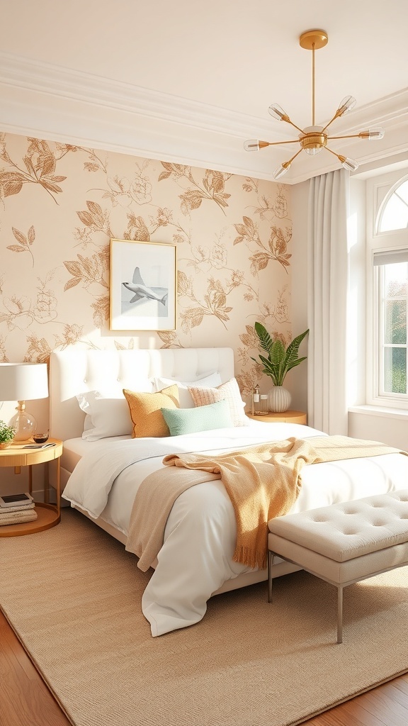 A chic bedroom featuring floral wallpaper, light bedding, and decorative pillows.