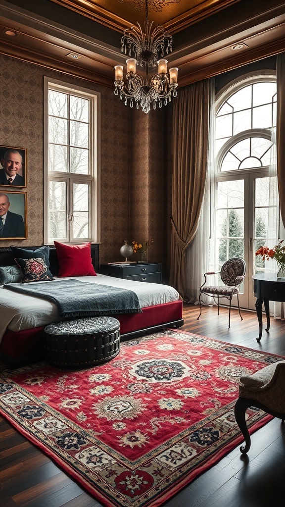 Art Deco bedroom featuring a red area rug, elegant decor, and rich textiles.