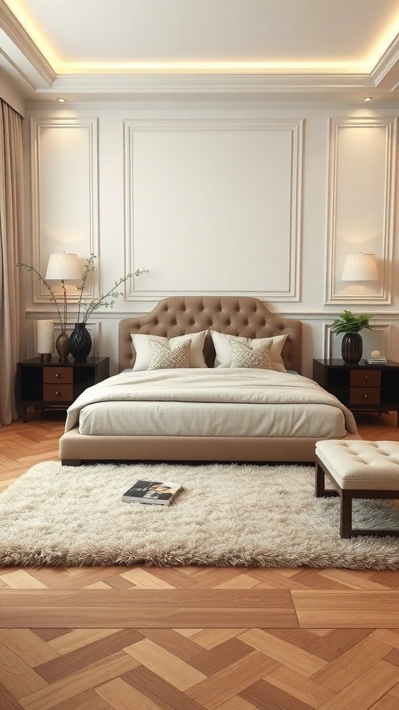 A luxurious bedroom featuring a plush area rug, elegant bed, and wooden flooring.